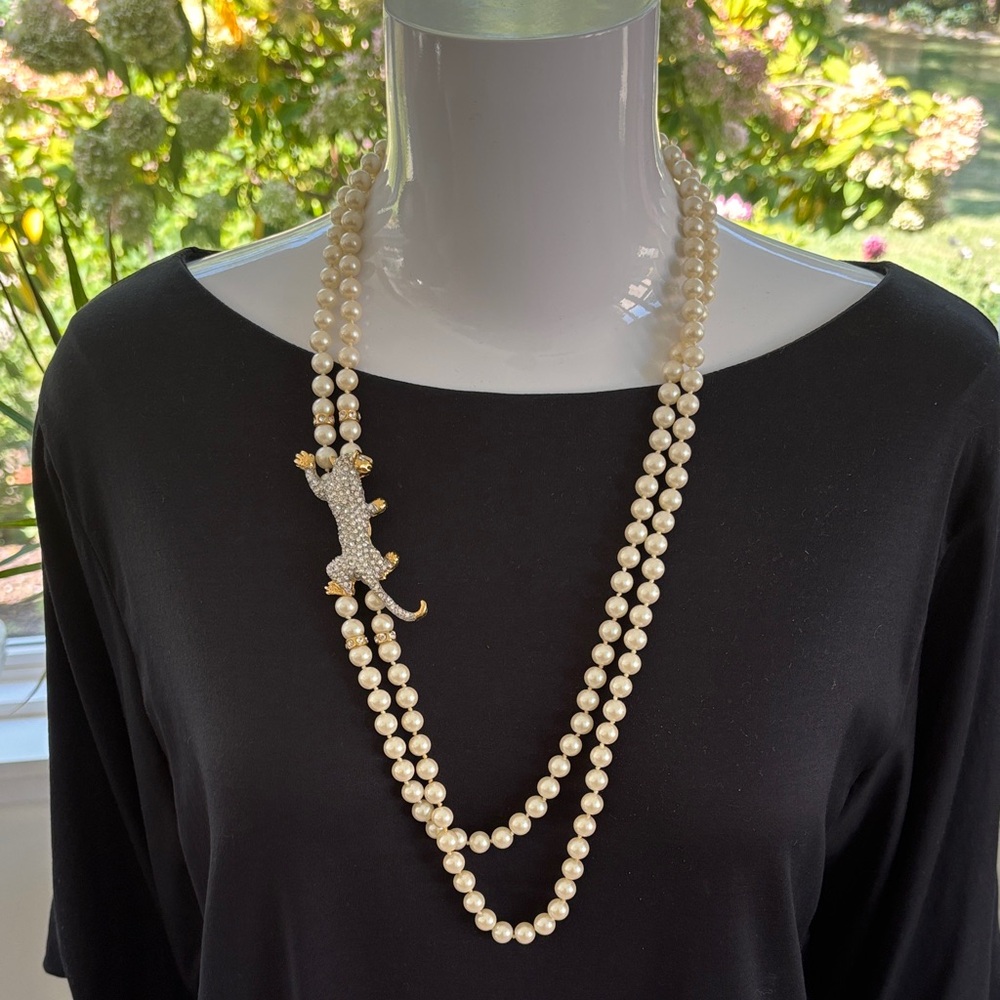 AFJ Faux Pearl Double Strand Necklace with Rhinestone Panther